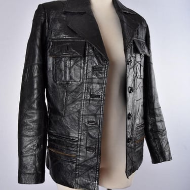 70's Black Leather Jacket Patchwork Hippie Fight Club Disco era 1970's Vintage Unisex 1960's 