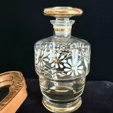 Hand Painted Glass Decanter, Made in Belgium, Bottle with Stopper, Gold Metallic Trim, Carafe 