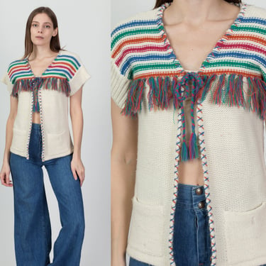 70s Striped Fringe Knit Top - Small | Vintage Boho Tie Front Cap Sleeve Shirt 