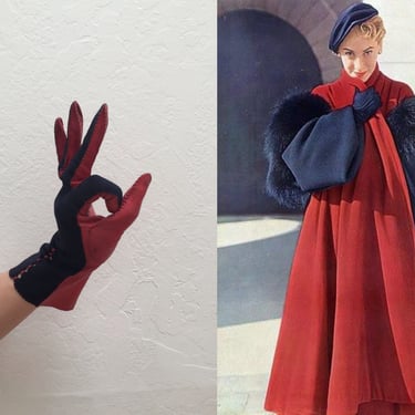 London Society - Vintage 1950s French Dark Navy Nubuck & Red Leather Cut Out Over Wrist Gloves - 6 1/2 