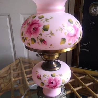VINTAGE Pink  Lamp, Hand Painted Rose Floral Hurricane Glass, GWTW Style, Farmhouse Decoration 