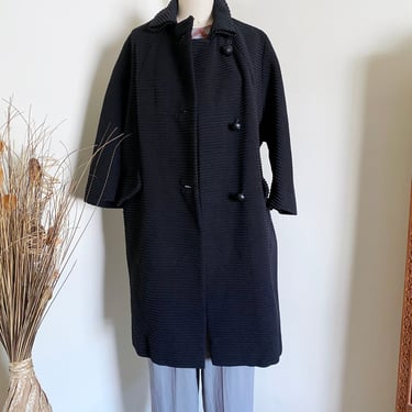 Vintage 60's Black Wool Coat, Textured Style, Loose Fit, Cropped Sleeves 