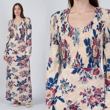 70s Boho Floral Maxi Dress, As Is - Small | Vintage Long Sleeve Knit Gown 
