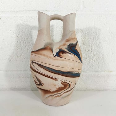 Vintage Nemadji Large Wedding Vase Swirl Handmade USA Brown Blue Swirl Vanity Seven Falls Colorado MCM Double Spout Art Pottery 
