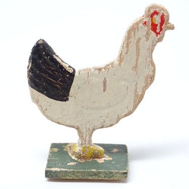 Antique German Wooden Chicken on Wood Stand, Hand Painted Stand Up Farm Toy Rooster for Christmas Putz or Nativity 