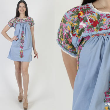 Authentic Oaxacan Dress Hand Embroidered San Antonio Sundress Blue Cotton Jalisco Puebla Dress 