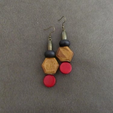 Geometric wooden earrings, hexagon earrings, bold earrings, statement earrings, ethnic earrings, rustic natural earrings, antique bronze red 