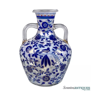 Vintage Italian Farmhouse Art Glass Blue & White Handle Vase