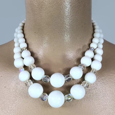 VINTAGE 50s Graduated Big Bead 2 Strand Necklace White and Clear JAPAN Choker | 1950s Mid Century Costume Jewelry Necklace | VFG 