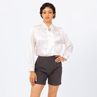 Vintage 80s Does Victorian White Satin Cameo Blouse - Medium | Ivory Pleated Long Sleeve Collared Shirt, Romantic Dark Academia Top 
