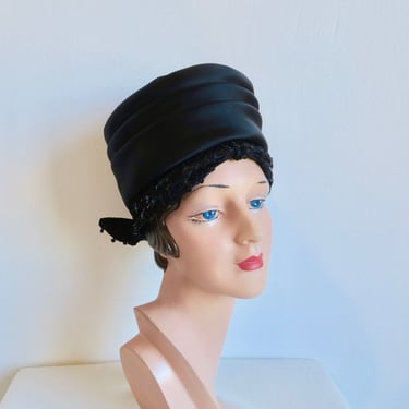1960's Black Satin Pleated High Turban Hat with Sequins Trim 60's Mod Formal Evening Party Millinery Evelyn Varon 