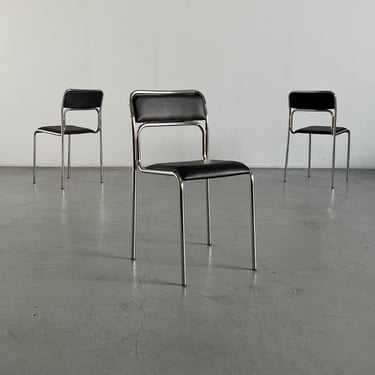 Bauhaus Chrome Tubular Steel and Black Faux Leather Chairs, Italian Modernist Stackable Dining Chairs 