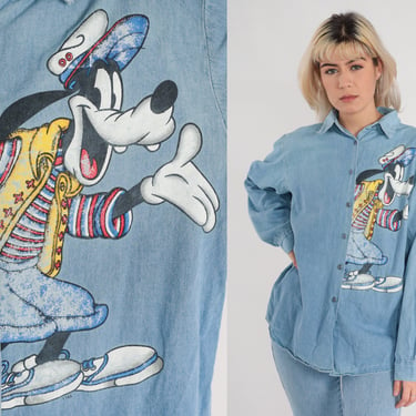 Goofy Shirt 90s Disney Denim Button Up Blouse Long sleeve Top Retro Cartoon Nostalgic Blue Chambray Vintage 1990s Mickey Unlimited Large L 