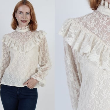 Classic Cream Lace Victorian Blouse Vintage 70s Country See Through Top Sheer Floral Edwardian Peasant Shirt 