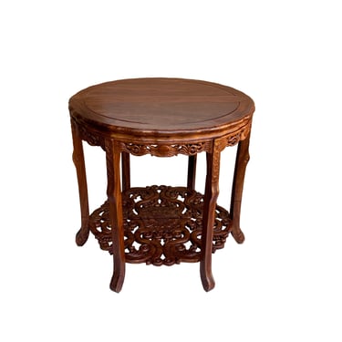 Chinese Brown Flower Carving Wood 2 Half Side Round Pedestal Table ws2748E 