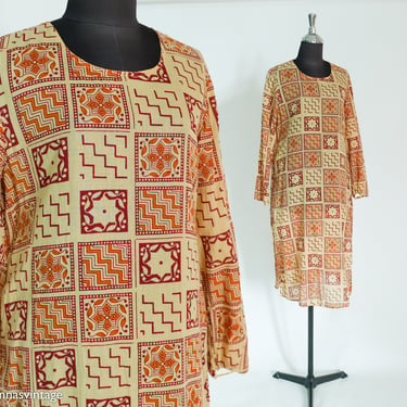 J Peterman Co.| 1980s Brown Print Cotton Shift | | 80s Brown & Tan Print Tunic | J.Peterman Company | Medium 