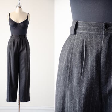 high waisted pants | 80s 90s vintage Giorgio Sant'Angelo charcoal gray striped dark academia wool trousers 