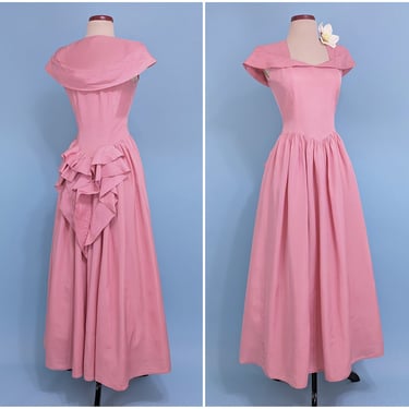Vintage 1940s Elegant Dusty Pink Evening Ball Gown, Vintage 40s Pink Taffeta Full Length Prom Dress 