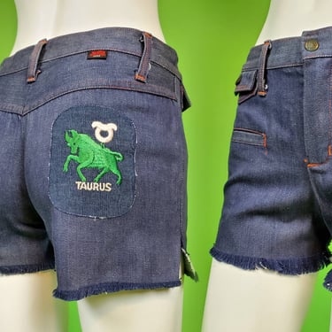 Vintage 70s zodiac Taurus jean shorts by STUFFED Jeans. Cut-offs. (Size 26/27) 