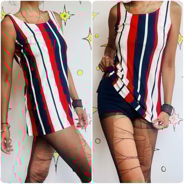 60s 2 piece Swimsuit Set Red White and Navy Nautical - Gidget - Playsuit - Small 