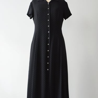 vintage silk button front dress, 90s dot print maxi dress, M 