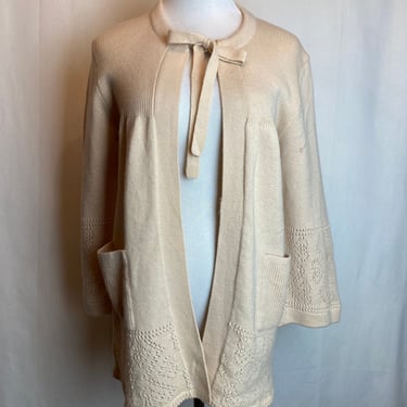 70’s boho lacy eyelet knit cardigan sweater ~ pussycat bow-tie~ belled sleeves babydoll style  neutral beige patch pockets ~ size Med 