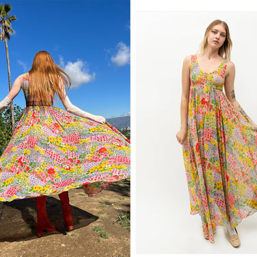 Vintage 1970s 70s Indian Cotton Bright Vibrant Psychedelic Floral Smocked Bodice Sleeveless Summer Maxi Gown Dress 
