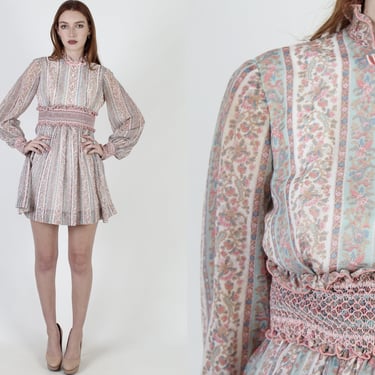 Vintage 70s Pastel Floral Dress Embroidered Smocked Tuxedo Cocktail Party Mini Dress 
