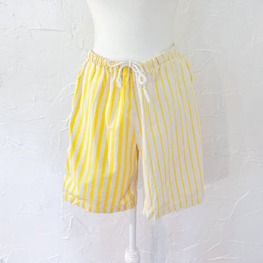 80s Cream and Bright Yellow Vertical Striped Drawstring Bermuda Shorts | Large/Extra Large/34" to 38" Waist 