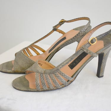 1970s Jacqueline Gray-Green Snakeskin Strappy Heels, Size 7 - 7.5 