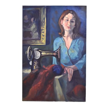 Woman at Sewing Machine in Turquoise Dress Oil Painting Lenell Chicago Artist 