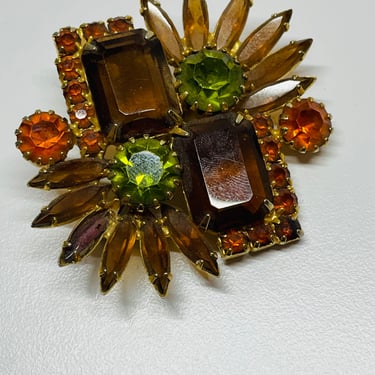 1960’s Brown, Orange and Green Rhinestone Brooch