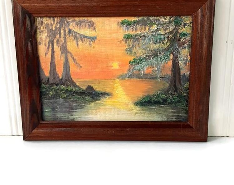 Florida Everglade Oil Painting - Sun Setting In The Everglades - Folk Art