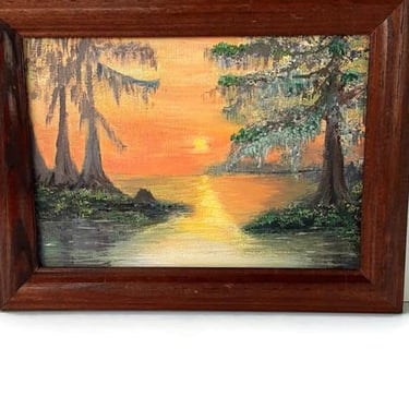 Florida Everglade Oil Painting - Sun Setting In The Everglades - Folk Art