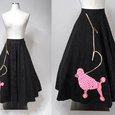 1950s Heavy Black Skirt w Pink Poodle by Justin McCarty Dallas XS 25" Waist | Vintage, Swing, Classic, Sock Hop, DIY, Cute, Girly, Retro 