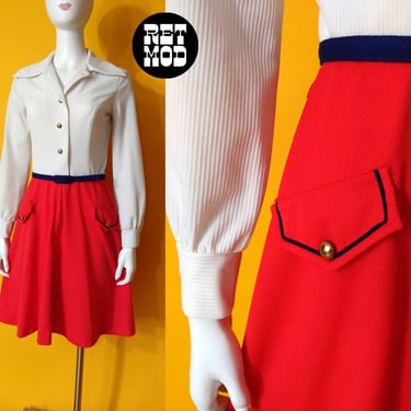 Sharp Vintage 60s 70s Red & White Color Block Long Sleeve Collared Dress with Navy Trim 
