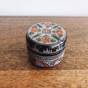 Vintage Thai Lacquer Wood Box - Black with Hand-Painted Florals 