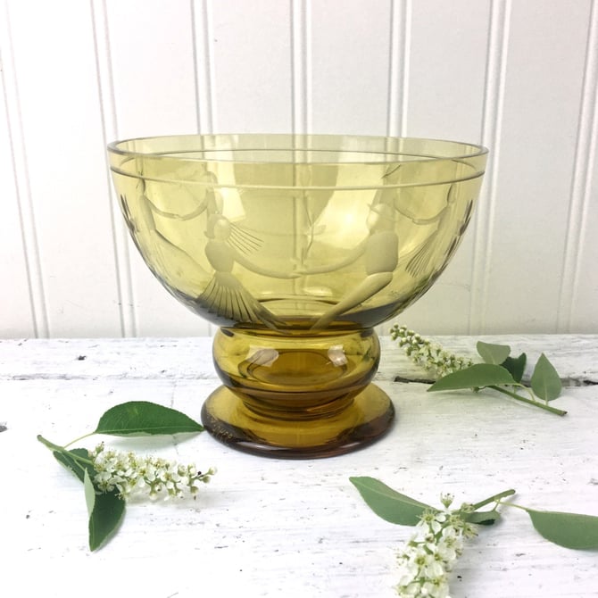 Karhula amber glass couples dancing bowl - design by Gören Hongell - vintage Finnish glass 