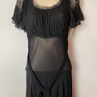 Gorgeous 1930’s black lace nightgown Bias cut sheer Sexy negligee Pinup gothic bat wing shawl shoulder ~peekaboo /size SM 