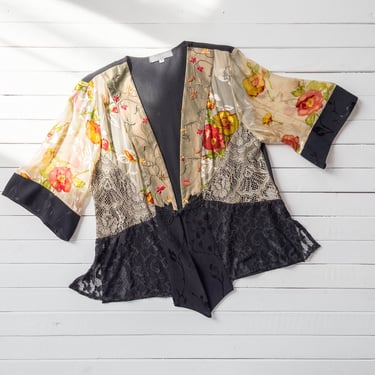 silk kimono jacket | 90s y2k vintage beige black floral lace chiffon embroidered boho hippie patchwork jacket 