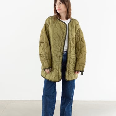 Vintage Green Long Liner Jacket | Unisex Wavy Quilted Nylon Coat | L | LI219 