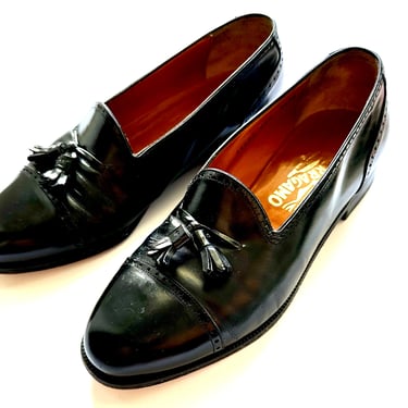 Vintage Salvatore Ferragamo Tassel Loafers // Black Leather Shoes 