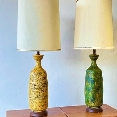 Pair Of Mid Century Modern Lemon & Lime Ceramic Table Lamps Yellow Green 