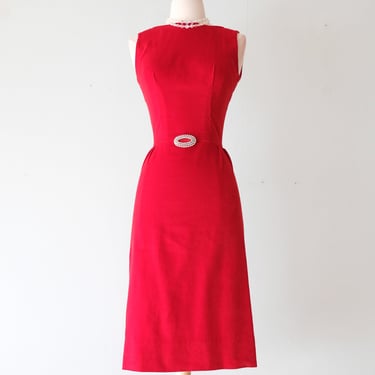 Delightful 1960's Scarlet Red Velvet Holiday Wiggle Dress / Sz S