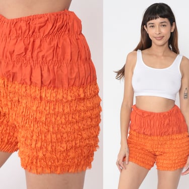 Square Dance Pettipants 70s Orange Bloomers Shorts Smocked Ruffled Lace Underwear Pantaloons Retro Hotpants Vintage 1970s Medium 