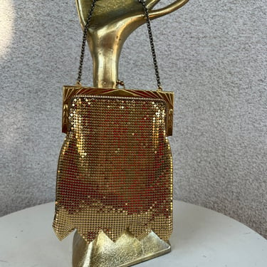 Vintage Mid Century gold mesh bag purse with triangle fringe by Whiting and Davis 