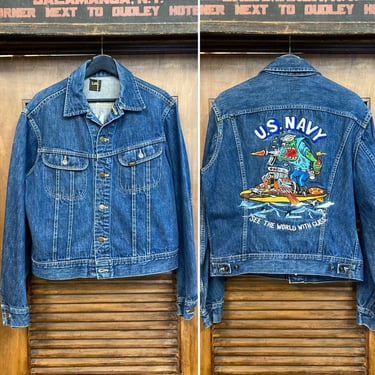 Vintage 1980’s Lee Riders U.S. Navy Monster Art Denim Jacket, 80’s Jean Jacket, Vintage Embroidery, Vintage Clothing 