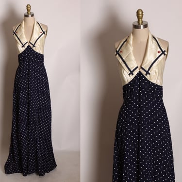 1970s Navy Blue and Cream Polka Dot Halter Open Back Full Length Formal Prom Dress -XS 