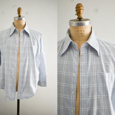 1980s Blue Windowpane Plaid Shirt 