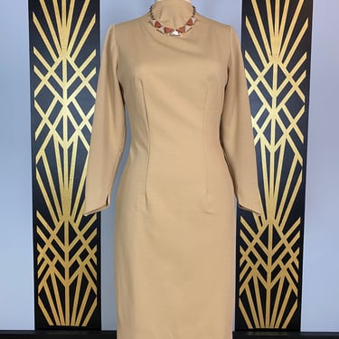 1960s wiggle dress, tan polyester, slim fit, vintage 60s dress, hourglass dress, long sleeve, size medium, simple, classic, high neck, 28 